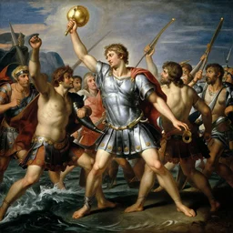 Roman legion doing battle with the ocean, classicism, romanticism, Renaissance, artwork, hyper detailed, 4k, masterpiece, Divine work, Artwork by Michelangelo Merisi da Caravaggio