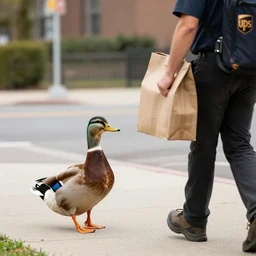 A duck excitedly clicks its heels together when a UPS deliveryman walks toward him with a package