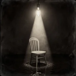 chair under a cone of light, by asaf hanuka, by caravaggio michelangelo merisi, by kiki smith, octane render, pinhole photography, daguerrotype, orthographic, dof, lens flare, sepia, high contrast, spotlight, backlight, artificial lighting, edison bulb, sunken in black water, black cave, old lightbulb, dark space, void