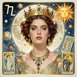 ann hathaway portrait by louis - theophile hingre and alphonse mucha, realistic, sharp focus, zodiac signs, tarot cards, planets, ethereal, art nouveau, magic, moon, sun, crown, dreamy, royal, jewellery