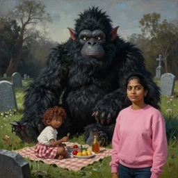 painting of a ( a giant black haired sri lankan devil sasquatch muppet costume ) having a picnic, in front of the sasquatch is a ( south asian woman in a pink sweatshirt ) stands in the foreground, standing in a cemetary, moody, cinematic painting by james jean, hyper detailed, limited color palette, surreal art, soft lighting, digital art