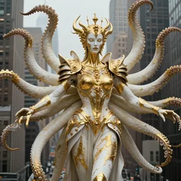 a photo of 8 k ultra realistic corrupted lovecraftian golden humanoid queen above new york, 8 intricate white and gold tentacles, ornate white and gold armour, cinematic lighting, trending on artstation, 4 k, hyperrealistic, focused, extreme details, unreal engine 5, cinematic, masterpiece
