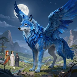 Blue feathered wolf with wings on a beautiful fantasy landscape, hills, mountains, moonlit, HD, illustration, epic, D&D, fantasy, intricate, elegant, highly detailed, digital painting, artstation, concept art, smooth, sharp focus, illustration, wallpaper, art by artgerm and greg rutkowski and alphonse mucha and jin xiaodi and anthony devine