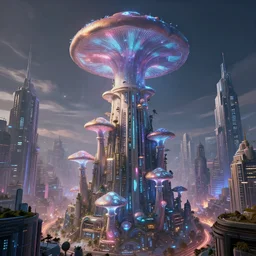 a magnificent mushroom skyscraper, bioluminescent solarpunk city, unreal engine 5, immense sense of scale, digital art by beeple, trending on artstation