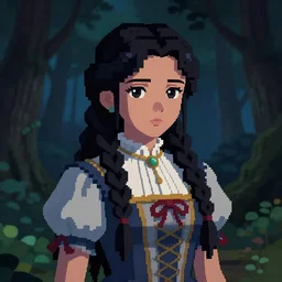 a pixelart image of a daughter of the moon clan, with long, black, braided hair. nightime, low light, dark forest. strong, dabbled light falls on her face. bright colors. highly detailed, sharpness. victorian dress. hyper realistic.