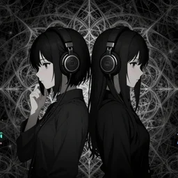 two lesbian anime girls wearing headphones, esoteric fractal analog background, dark and gothic, intricate, somber, stylized, japanese, artstation, highly detailed, noisy and glitched, vhs glitch, expired film, amazing composition, 4 k