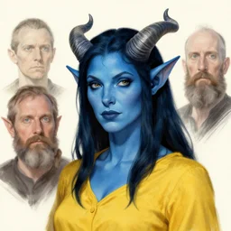a blue skin tiefling woman, dark hair, curvy horns, with and yellow shirt portrait by christophe young and dave dorman and rossdraws
