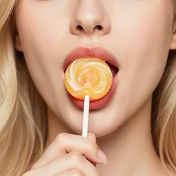 a blonde woman with a lollipop against her lips, extreme close up, commercial photography