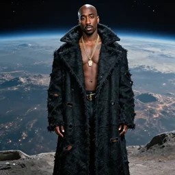 an 8 k futuristic official photograph of tupac shakur posing shirtless on an alien planet wearing a huge torn up black coat
