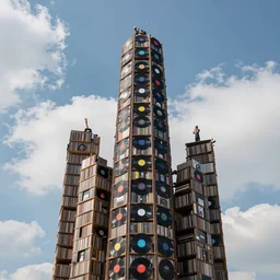 tower of babel reaching up to heaven but it is made from vinyl records