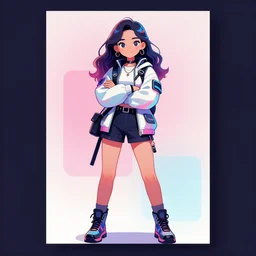 uncropped full body poster girl with futuristic streetwear and wavy hair holding her arms crossed, complementary colour palette, cute face, pretty face, anime by kuvshinov ilya, artgerm and greg rutkowski, 4 k, hdr, graphic design, adobe illustrator, behance, trending on artstation
