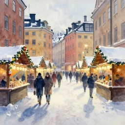 abstract watercolor painting of stockholm street, magic diamond crystal winter, traditional christmas market, cinematic light, sharp shadows, daylight, national romanticism by anders zorn, by greg rutkowski, by greg manchess