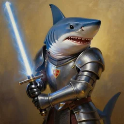 beautiful oil matte portrait painting, anthropomorphic shark wearing knight armor, holding a lightsaber, wonderful masterpiece highly detailed, beautiful cinematic light deep focus, elegant, digital painting, smooth, sharp focus, golden ratio, dramatic illumination, ultra realistic, 8 k, art by jimmy law