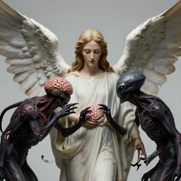 christian angels with wings killing aliens brainsuckers, perfect face, fine details, studio lighting, subtle shadows, art by katsuya terada, photorealism, hyper realism, octane render, hyper detailed, canon eos r 3, f / 1. 4, iso 2 0 0, 1 / 1 6 0 s, medium shot, 8 k, raw, unedited, in - frame,