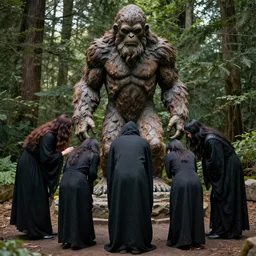 group of occultist bowing worshipping a bigfoot statue