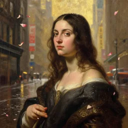 beautiful oil matte painting, raining flower petals in manhattan, wonderful masterpiece highly detailed, beautiful cinematic light deep focus, elegant, digital painting, smooth, sharp focus, golden ratio, dramatic illumination, ultra realistic, 8 k, art by artemisia lomi gentileschi and caravaggio