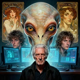 hyperrealist portrait of christopher lee as an ancient old alien with large cruel intelligent eyes and a huge head standing in front of a computer interface by jeremy mann and alphonse mucha and alan lee, fantasy art, photo realistic, dynamic lighting, artstation, poster, volumetric lighting, very detailed faces, award winning, full face, symmetry
