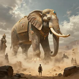 epic view of an ancient Desert surrounded by clouds, Giant imposing biomechanical Elephant, ornate, full of strange statues and murals, full of smoke and dust, hyper real, Indiana Jones, Tomb Raider, trending on artstation, concept art, cinematic, jewels, by Greg Rutkowski