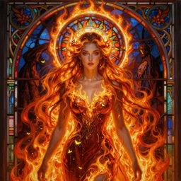 ultra realist breathtaking detailed soft painting of a beautiful full shot fire bride, a circle of light around her head, long fire hair and dress of fireflies, symmetrical facial features, christian saint in the middle of a stained glass of flames, intricate art nouveau frame, by Tom Bagshaw, wlop, trending on artstation