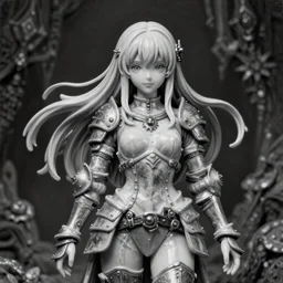 By Tom Bagshaw, ultra realist soft painting of an attractive steampunk anime female porcelain miniature fully armored figurine with thin lustrous long hair floating, photorealistic eyes render looking at camera, curiosities carnival, symmetry accurate features, very intricate details, focus, dark fantasy background, black and white