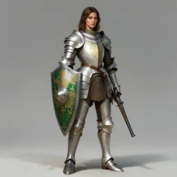 full body portrait of a rugged female warrior medium length brown hair and a very highly detailed face wearing elegant white, green and gold plate mail armor intricately painted, holding a tower shield and flintlock pistol, very highly detailed, artstation, cgsociety, realistic character concept art, sharp focus, by greg rutkowski, and alphonse mucha