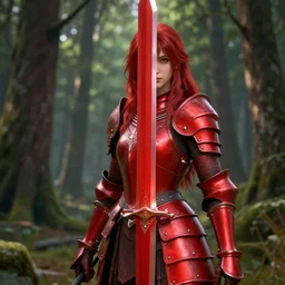 a girl with long red hair wearing a red plate armor and hding a big red sword in a forest, 3d render, octane render, unreal engine 5, 8k hdr, hyperrealistic, highly detailed, high quality, concept art, trending on Artstation