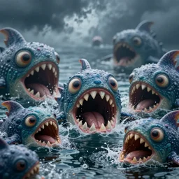 of a dark and stormy ocean with large strange water creatures with big eyes, big mouth and big teeth appearing from the water, in the style of Gehry, macro lens, shallow depth of field, highly detailed, digital painting, trending artstation, concept art, illustration, cinematic lighting, vibrant colors, photorealism, epic, octane render