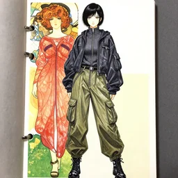a copic maker manga illustration by yoshiyuki sadamoto, alphons mucha, norman rockwell of an anime woman detailed features wearing cargo streetwear - lots of zippers, pockets, synthetic materials, chic'techno fashion trend by issey miyake and balenciaga 8 k
