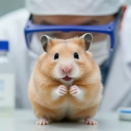 hamster curing covid in a laboratory, hamster wearing a lab coat and safety goggles, zoomed out