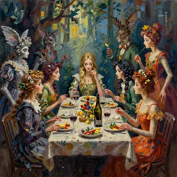 hyper detailed 3d render, Oil painting, a decadent fairy dinner party - where the wild things are by Jacek Yerka, Mariusz Lewandowski, Houdini algorithmic generative render, Abstract brush strokes, Masterpiece, Edward Hopper and James Gilleard, Zdzislaw Beksinski, Mark Ryden, Wolfgang Lettl, hints of Yayoi Kasuma, octane render, 8k