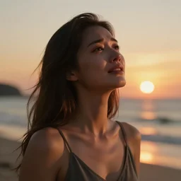 aesthetic photo of a woman looking up crying at a beach at sunset, dslr, award winning, 8 k, octane beautifully detailed render, warm mood, cinematic lighting, detailed photo, masterpiece, volumetric lighting, ultra realistic, highly detailed, high quality, lossless, photorealistic, sharp focus, hd