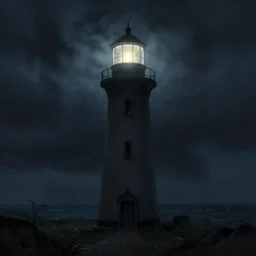 beautiful digital painting about a scary light house glowing in the dark of a stormy night, trending on artstation, gloomy, moody, highly detailed