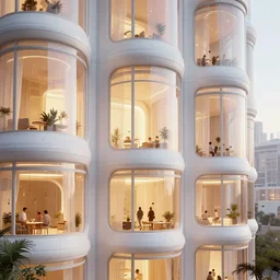the inside of a very tall building, big pods, big windows, octane render, warm colour scheme, white, cyberpunk architecture, cinematic, scenery, high detail, high quality, close up angle, people walking
