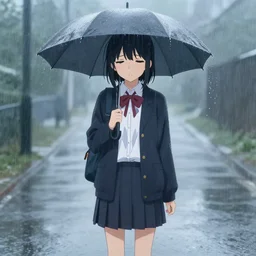 a sad anime school girl standing in the rain