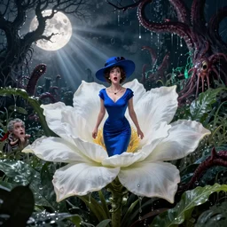 big white flower, scared elon musk looks at top, weared in blue cocktail dress and big blue women hat, on arkham horror background at night, evil fluid, lush plants, insane, giant tentacles, lovecraft, full bloody moon, light rays, gnarly trees by tom bagshaw, mucha, gaston bussiere, craig mullins, j. c. leyendecker 8 k