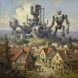 oil painting a romantic vintage village with futuristic robot factory, brutal, octane rendering, trending on artstation, michael whealan and james gurney