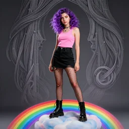 moroccan teenager with wavy purple hair and rainbow - colored eyes wearing a pink tank top and black miniskirt with ripped fishnet tights and black combat boots stands on a rainbow cloud, ultrafine hyperrealistic by loish and artgerm and greg rutkowski, intricate linework, sharp focus, smooth, unreal engine, dramatic lighting, 8 k