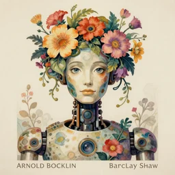 A colorful, detailed print - A portrait of a robot with the top of its head composed of flowers and vines. by Arnold Bocklin and Barclay Shaw, masterful print. 4k, unreal engine stunning Art Nouveau