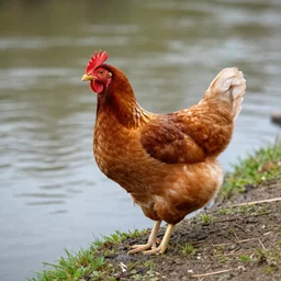 chicken at the edge of a river
