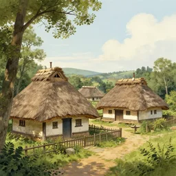 village of ancient thatched houses by Greg Rutkowski,trending on artstation