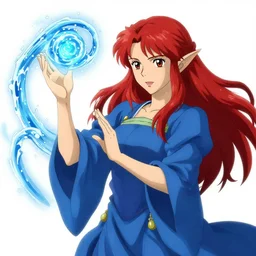 elf female sorcerer doing water magic spells, blue robes, red hair, finely detailed perfect face, exquisite details, mid view, design on a white background, by studio muti, greg rutkowski makoto shinkai takashi takeuchi studio ghibli
