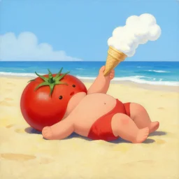 a painting of a lazy red tomato on a sunny beach eating ice cream clouds in a cone by james jean