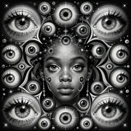 eyes!! a black girl!! with many eyes!, surreal art by colin christian and junji ito and mc escher and ian miller, faberge eyes, trypophobia! eyes, eyes everywhere, symmetry, eyes!, homicidal eyes, ( hypnotic optical illusion )!, black white and neon, chet zar, highly detailed, infinite intricacy