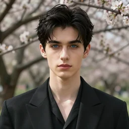 detailed cinematic wide shot of beautiful attractive younh man black clothes black hair slim face symettrical face clean skin blue eyes black clothes, ultra realistic, spring light, painting by gaston bussiere, craig mullins, j. c. leyendecker