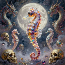 concept art of translucent glowing seahorse dancing, big booty, flowy, melting, round moon, swirly clouds, very detailed, volumetric light, mist, fine art, textured oil over canvas, dragons, epic fantasy art, very colorful, ornate intricate scales, gold skulls, fractal gems, 8 k, hyper realistic, high contrast