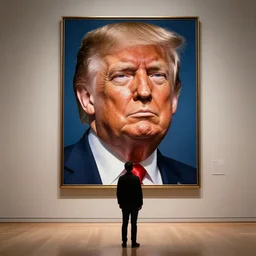 trump watching a huge trump portrait in a museum, studio lighting, photography, highly detailed, 4 k