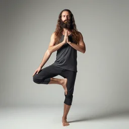 long - haired bearded man doing yoga tree pose, professional studio photograph, high quality