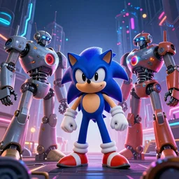 wide angle shot, android steampunk Sonic the hedgehog, scifi robots, neon lights, james gurney, katsuhiro otomo, james paick, cinematic lighting, artstation, vibrant nature, anime style, Craig Mullins, Greg Rutkowski, Pete Morbacher, Tuomas Korpi, tekkon kinreet, volumetric light, artstation, , octane render, redshift render, low angle camera