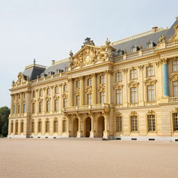 foto von einem grossen rokoko schloss aus goldenem marmor und bunten saulen steht in einer bunten fantasie landschaft, unreal engine, 3 d render, insanely integrate