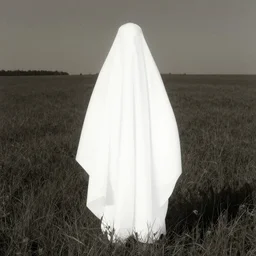 white sheet ghost standing in an empty field, by jean charlot